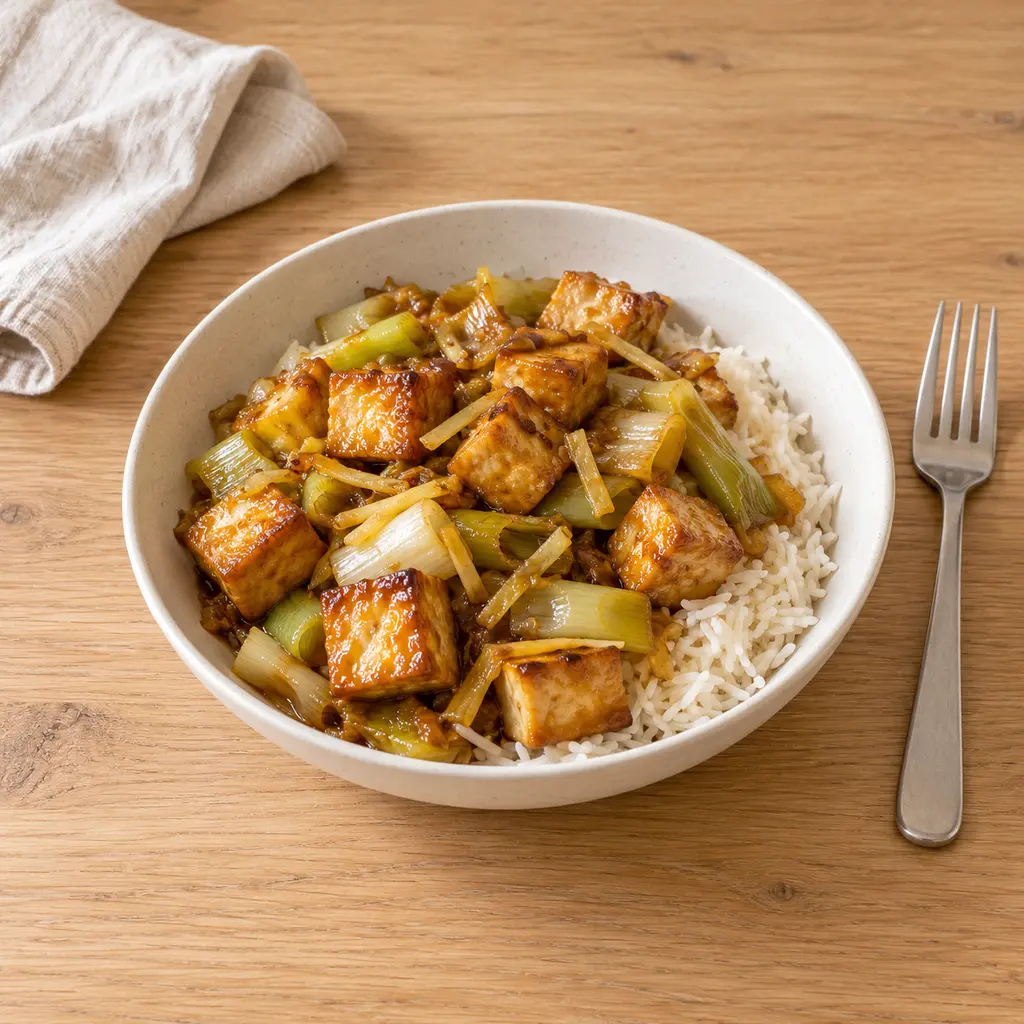 Tofu caramélisé au gingembre et aux poireaux, riz basmati