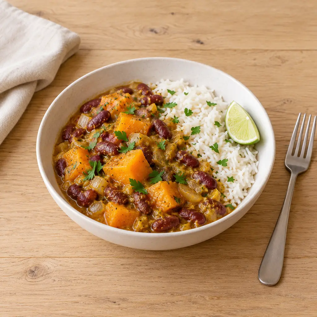 Colombo de haricots rouges au potimarron, riz blanc