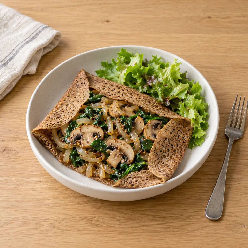 Galettes de sarrasin aux champignons, épinards et oignons fondus