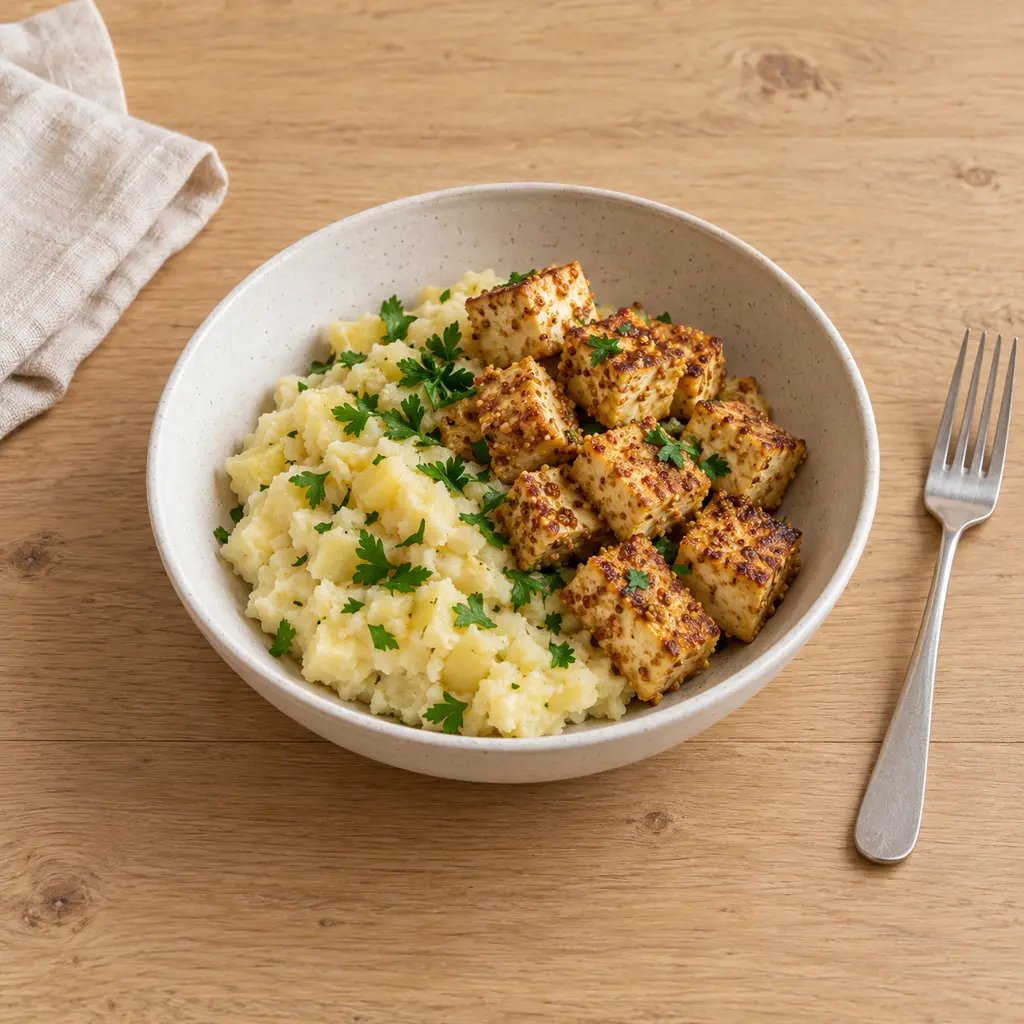 Tofu doré à la moutarde, écrasé de pommes de terre et panais