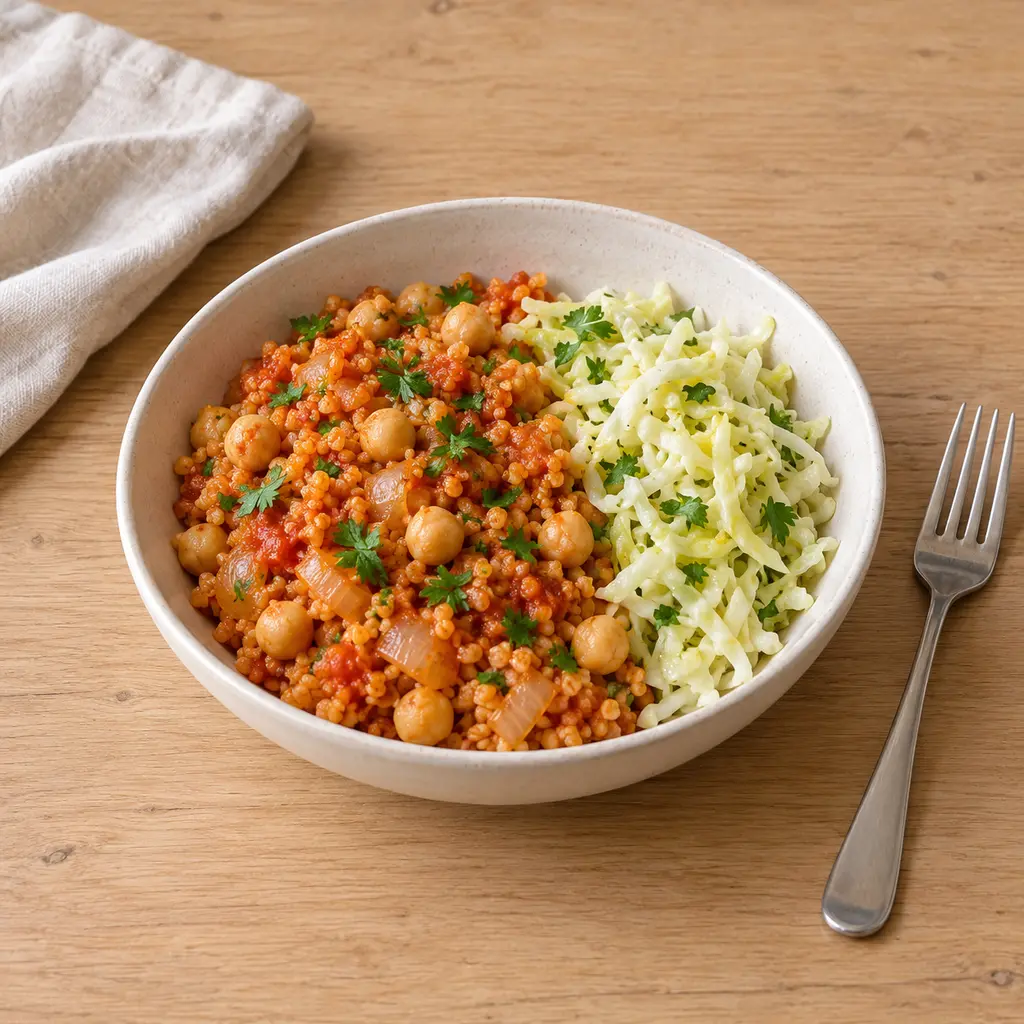 Pilaf de boulgour aux pois chiches et à la tomate, salade de chou au citron