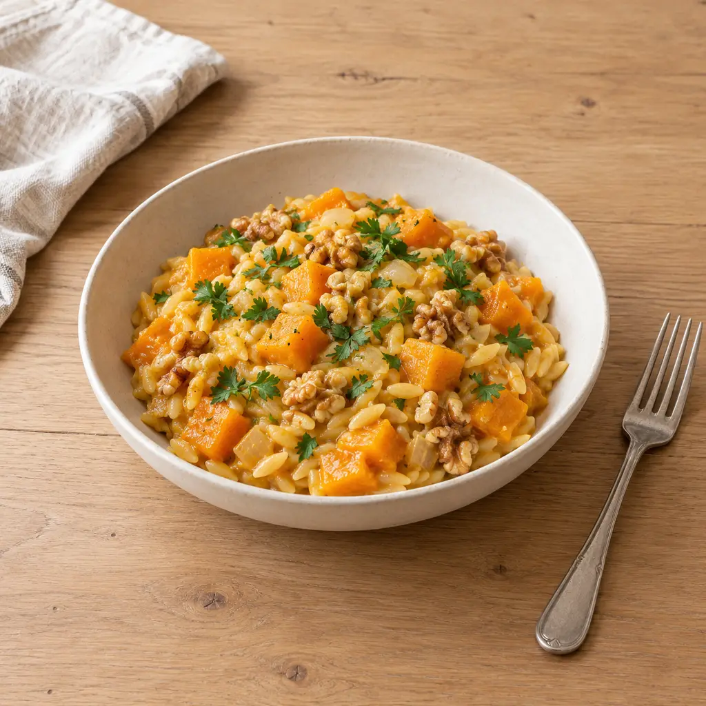 Orzo au butternut, thym et noix grillées