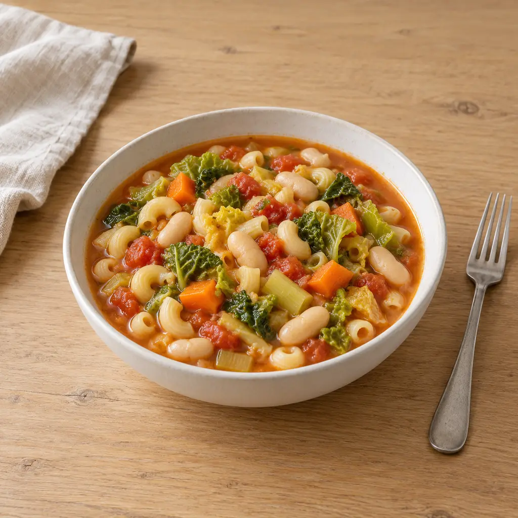 Minestrone d'hiver aux haricots blancs, chou vert et coquillettes