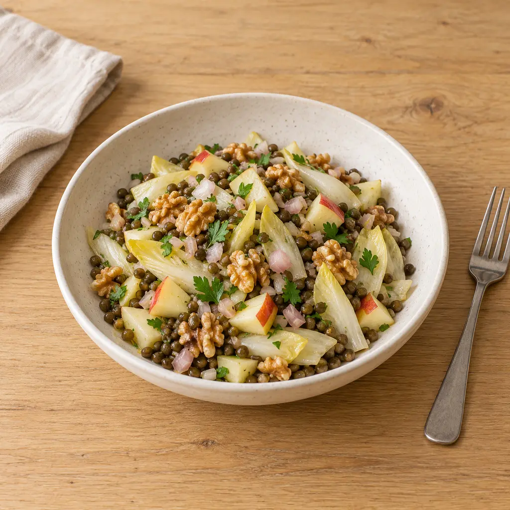 Salade d'hiver de lentilles vertes, endives, pomme et noix