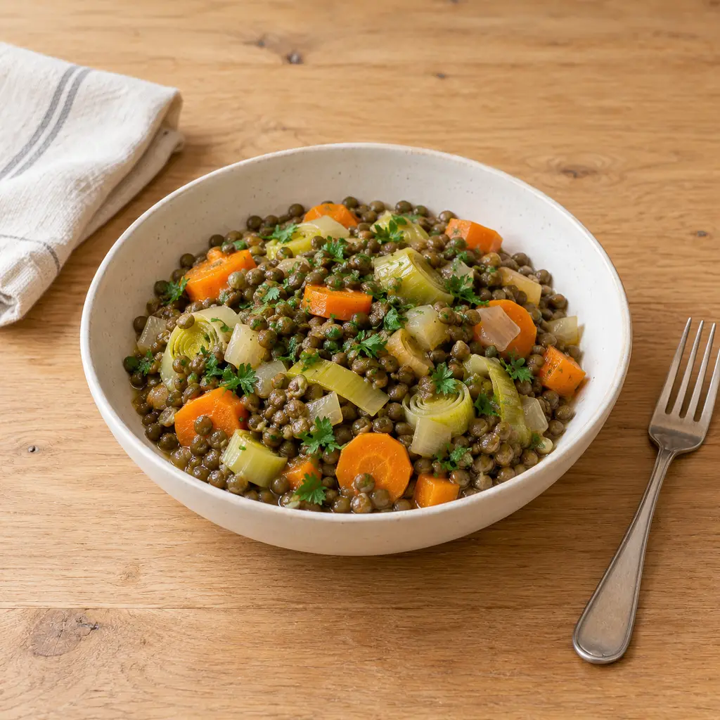 Lentilles vertes à la paysanne, carottes, poireau et thym