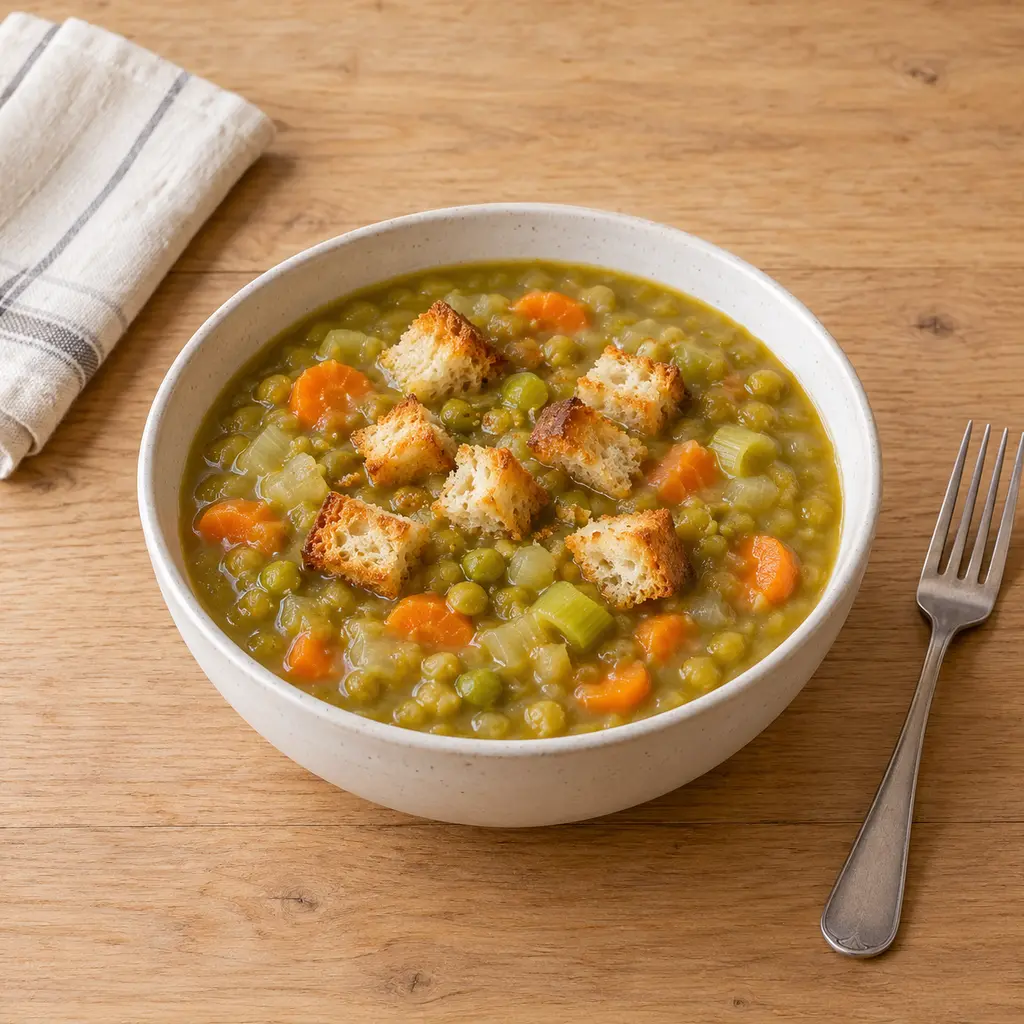Soupe de pois cassés aux carottes et au cumin, croûtons aillés