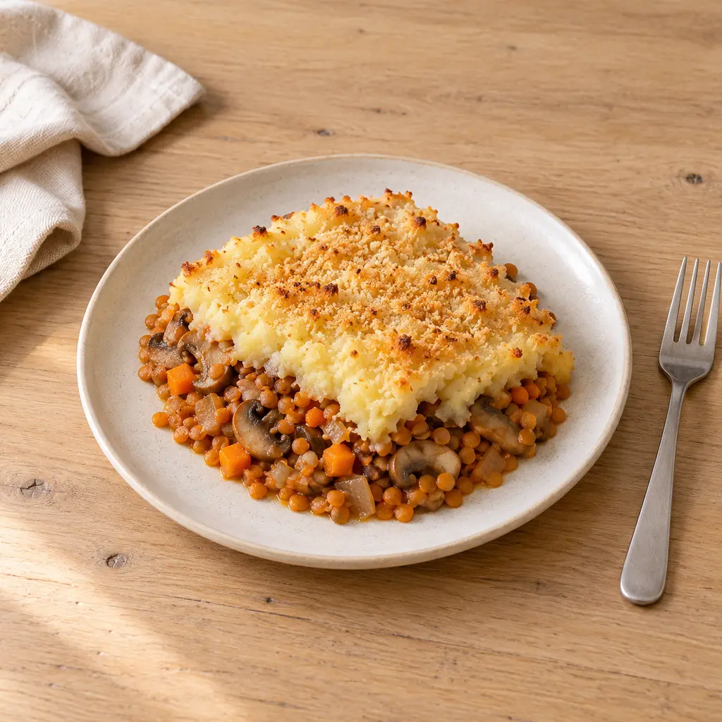 Parmentier de lentilles corail et champignons, purée à l'huile d'olive