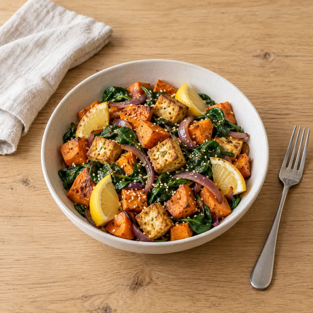 Poêlée de patate douce, épinards et tofu au cumin
