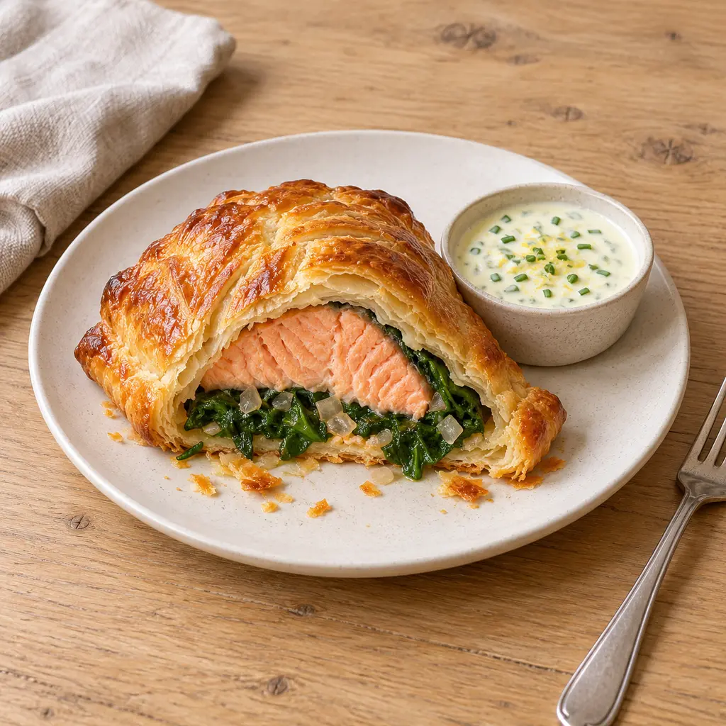 Saumon en croûte feuilletée, épinards et crème citronnée