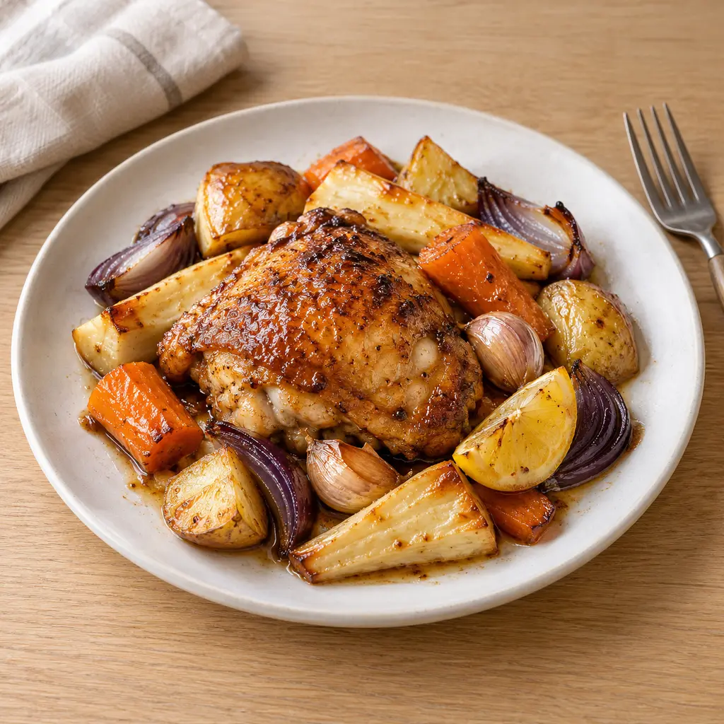 Poulet rôti au miel et au thym, panais et carottes fondants