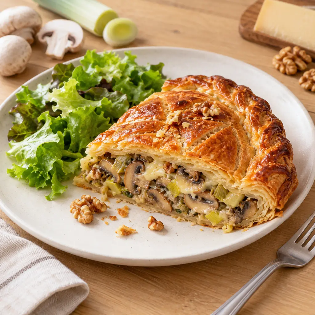 Tourte de fête aux champignons, poireaux et comté